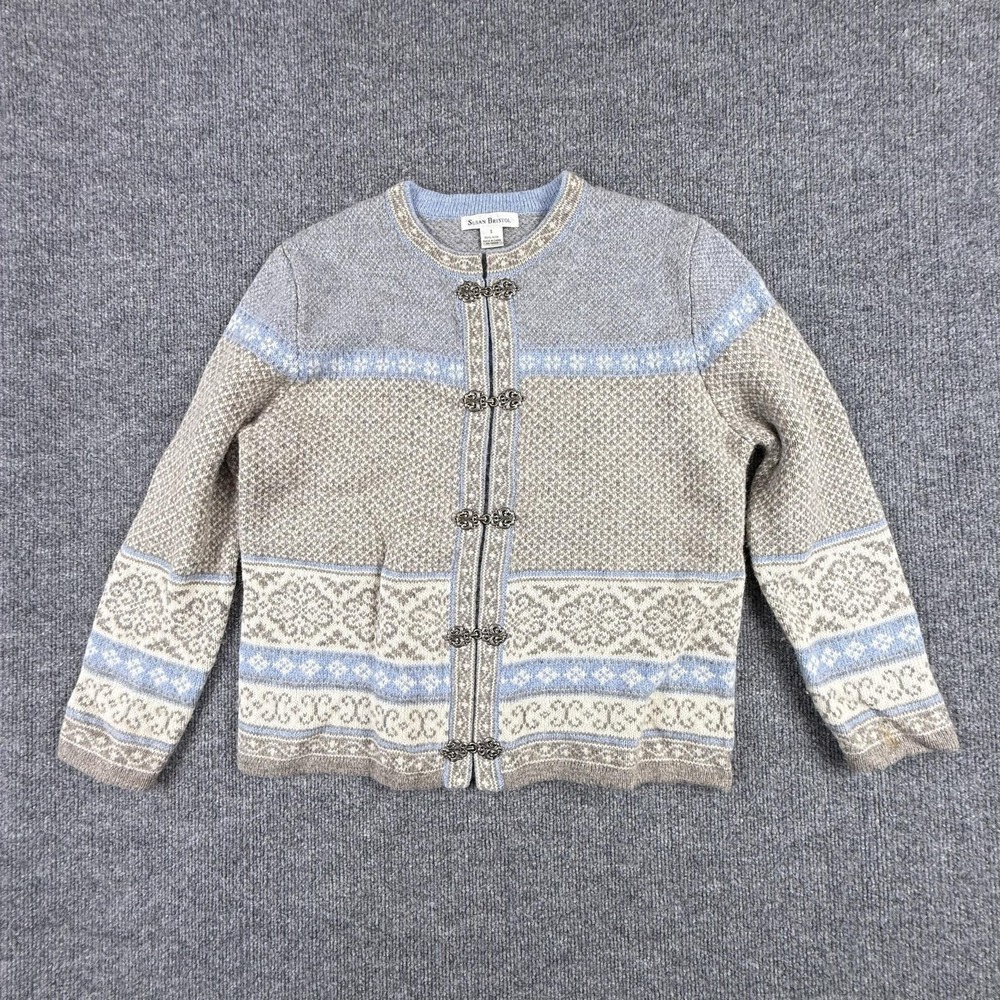Susan Bristol Cardigan Sweater Womens Small‎ Blue Fair Isle Wool Hook Front Knit